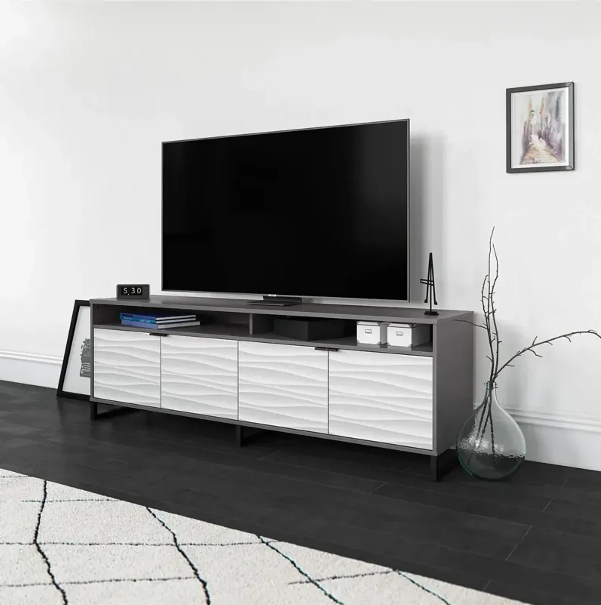 Monterey Media Console for TVs up to 85", Faux Wave with Graphite Gray