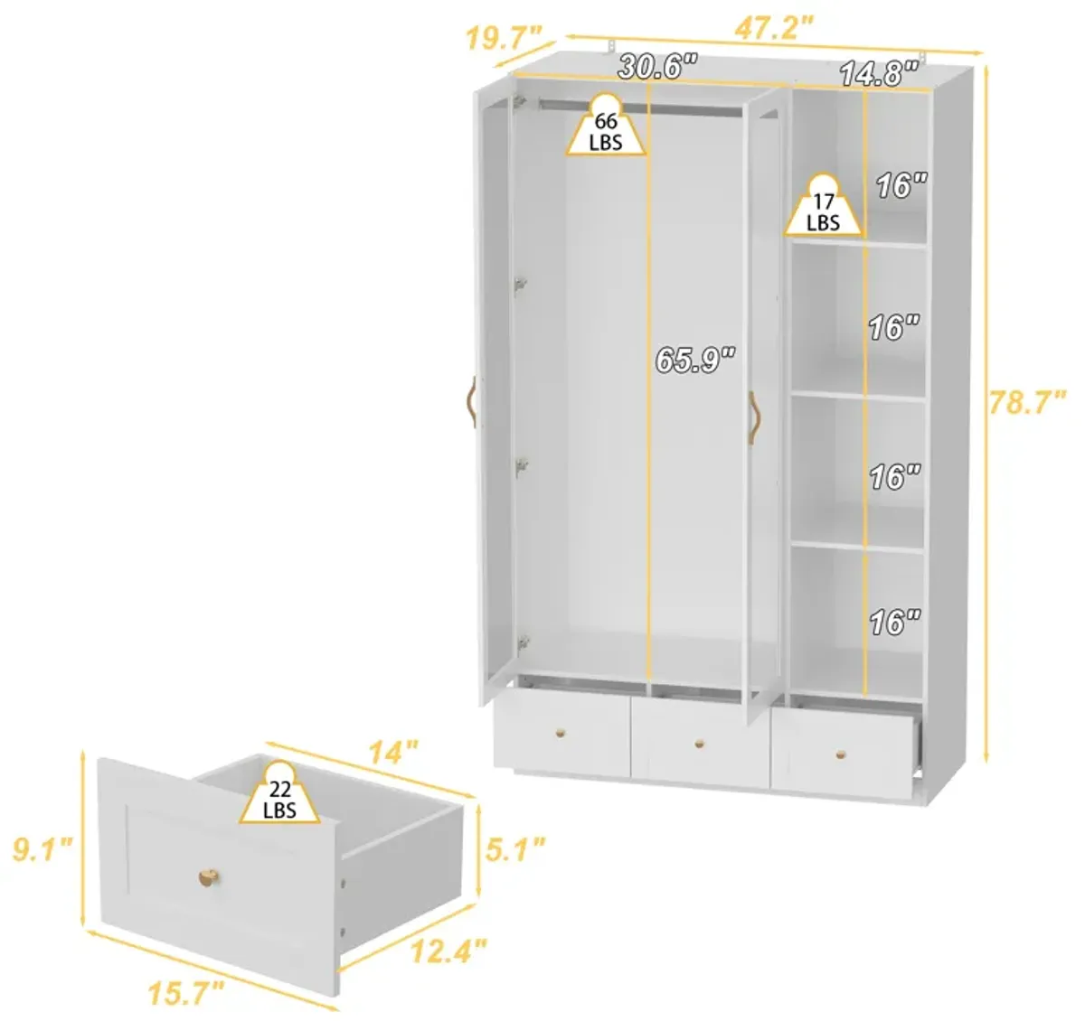 White Wood 47.2 in. W Tempered Glass Doors Armoires Wardrobe with Hanging Rods, 3-Drawers, Open Shelves 78.7 in. H