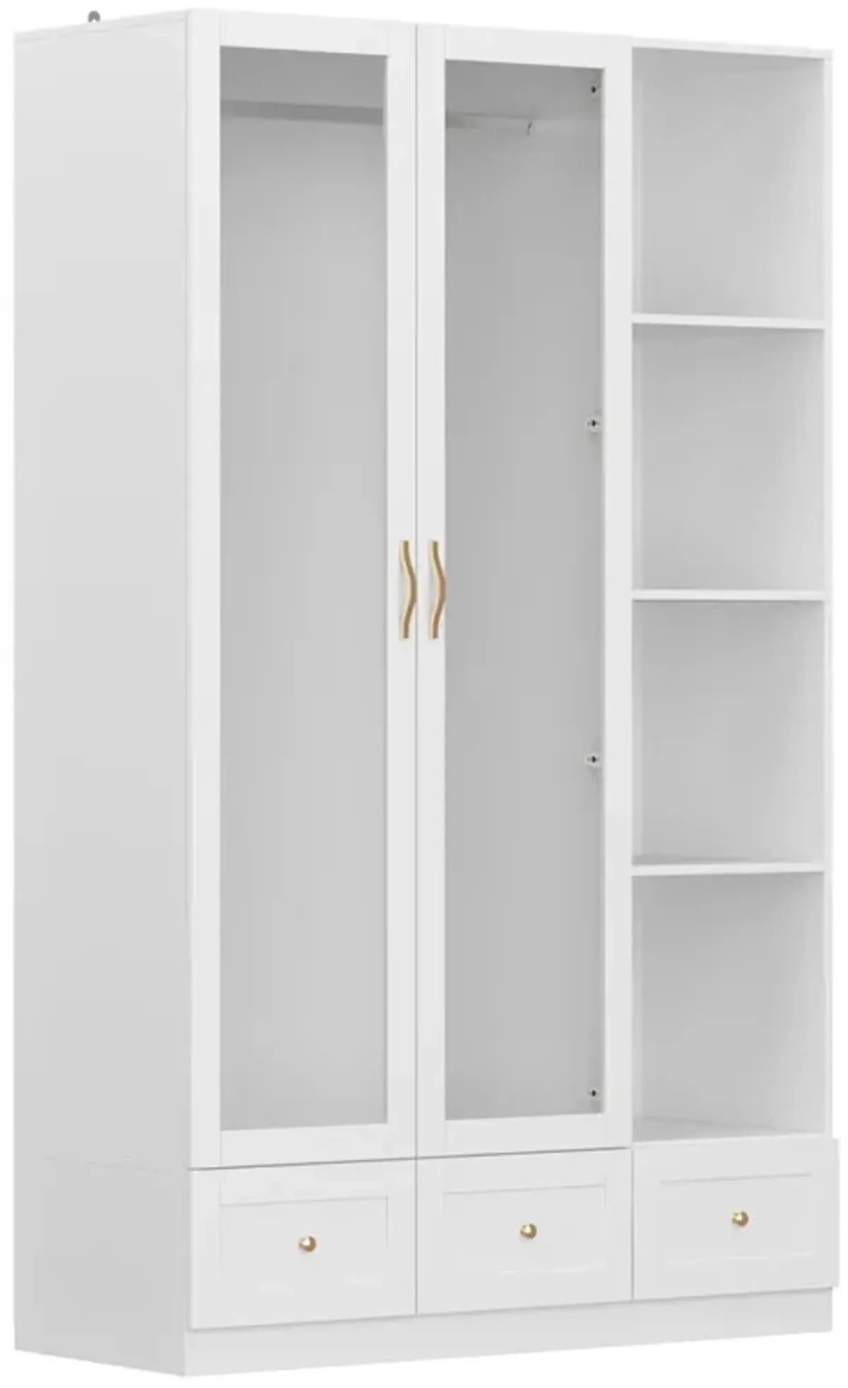 White Wood 47.2 in. W Tempered Glass Doors Armoires Wardrobe with Hanging Rods, 3-Drawers, Open Shelves 78.7 in. H