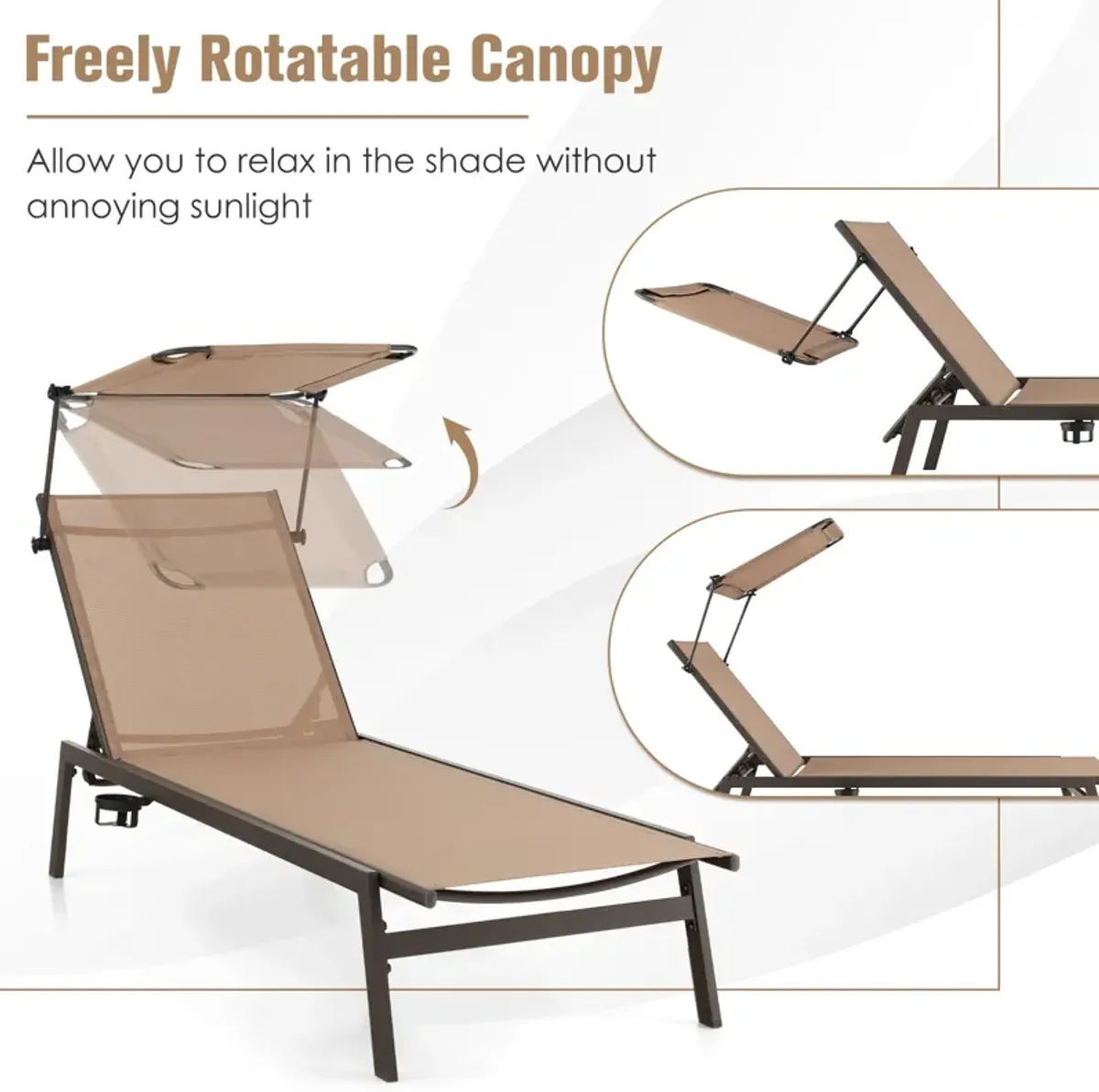 Outdoor Chaise Lounge Chair with Sunshade and 6 Adjustable Position-Brown