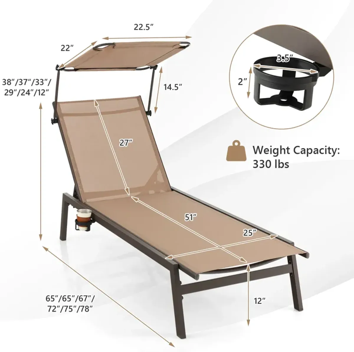 Outdoor Chaise Lounge Chair with Sunshade and 6 Adjustable Position-Brown