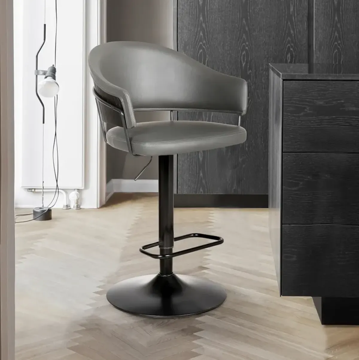 Brody Adjustable Height Swivel Grey Faux Leather and Black Wood and Metal Base Stool