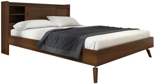 Toen Queen Size Bed, Tall Headboard with Sliding Door Shelves, Brown Acacia - Benzara