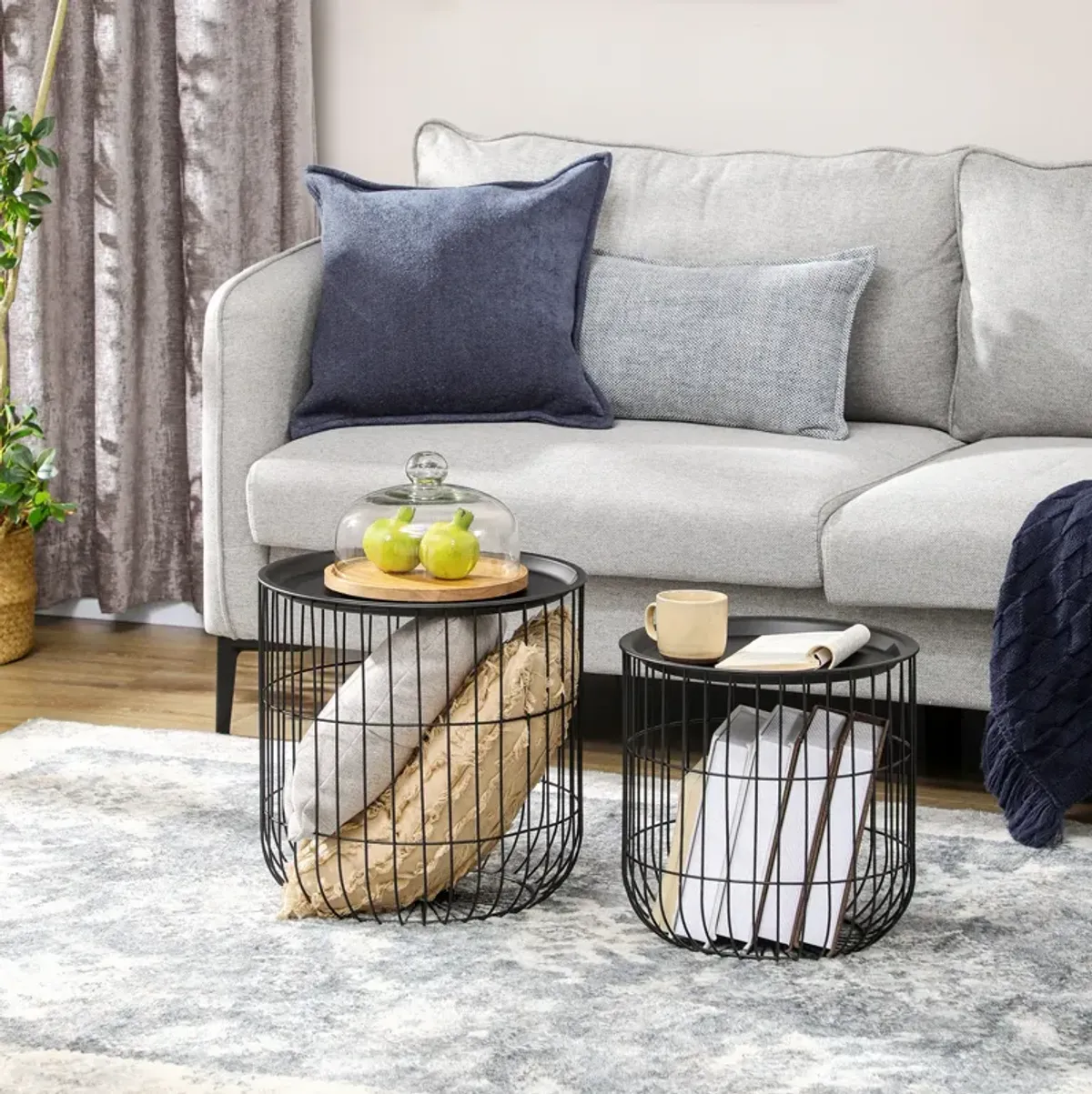 Black Living Room Set: 3-Piece Coffee Table with Nesting Wire Baskets