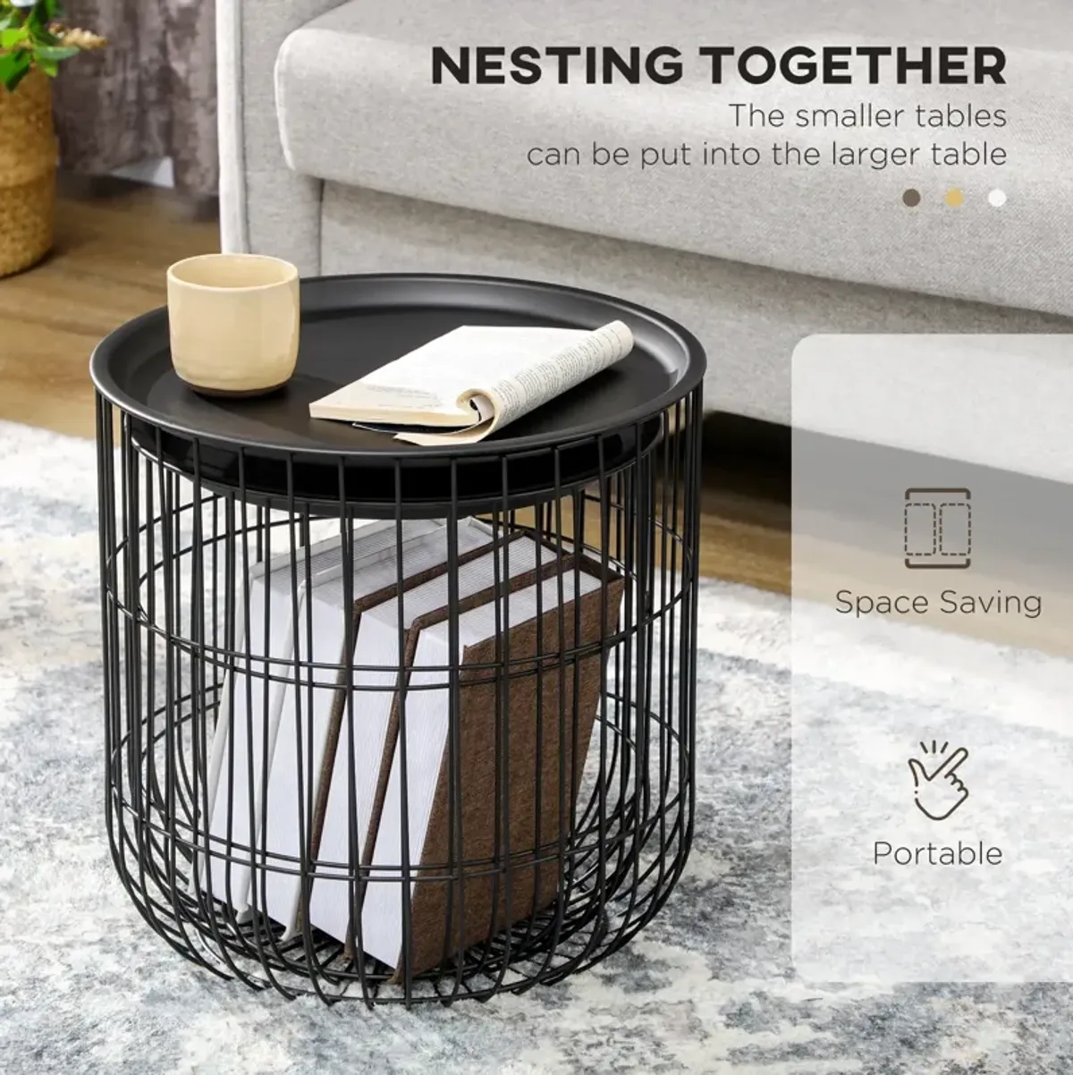 Black Living Room Set: 3-Piece Coffee Table with Nesting Wire Baskets