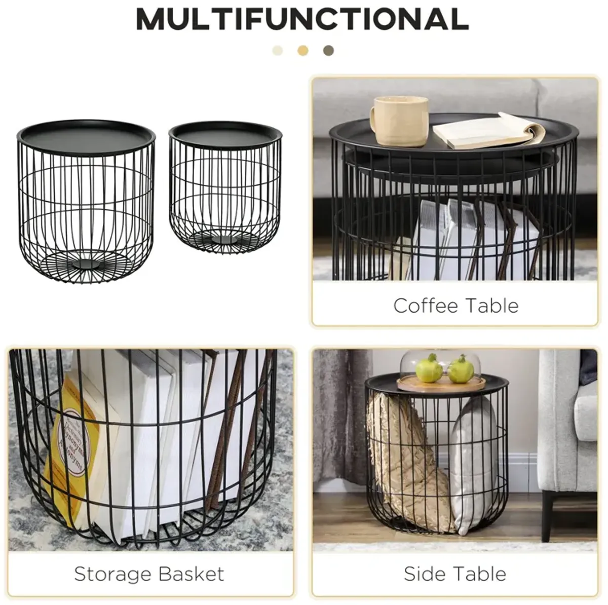 Black Living Room Set: 3-Piece Coffee Table with Nesting Wire Baskets