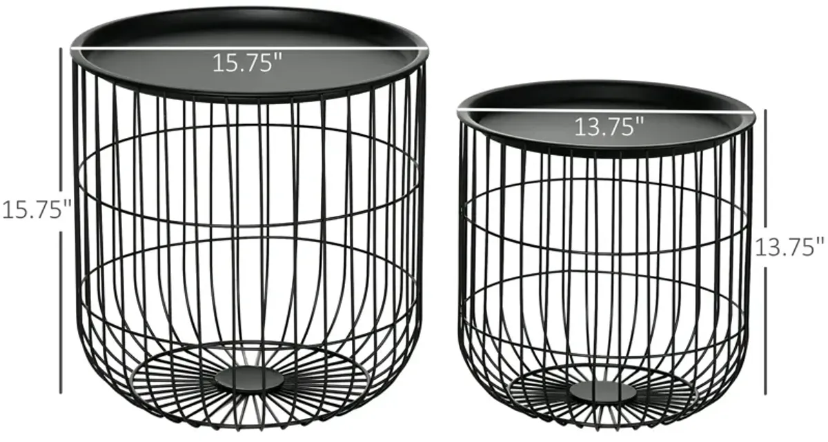 Black Living Room Set: 3-Piece Coffee Table with Nesting Wire Baskets