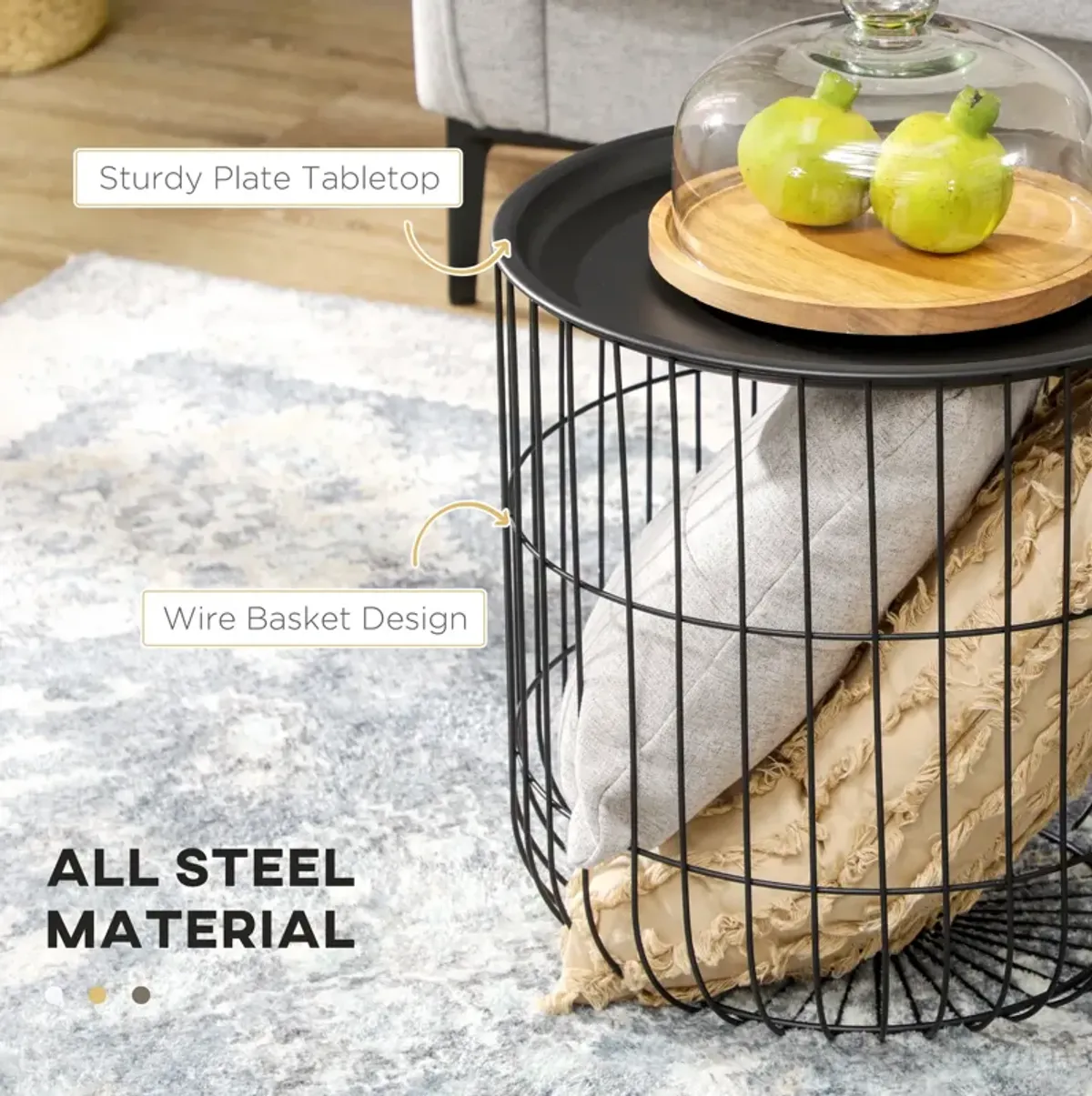 Black Living Room Set: 3-Piece Coffee Table with Nesting Wire Baskets