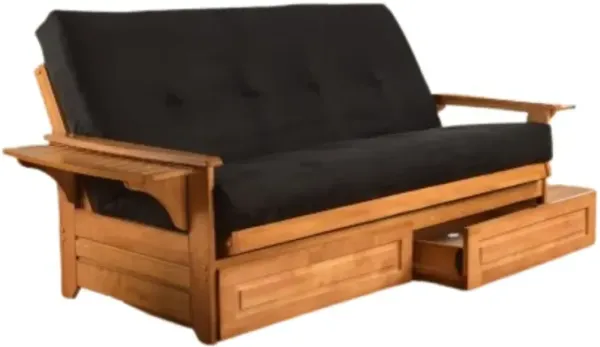 Phoenix Frame-Butternut Finish-Suede Black Mattress-Storage Drawers