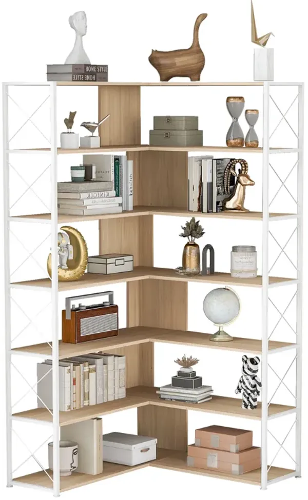 7-Tier Bookcase Home Office Bookshelf, L-Shaped Corner Bookcase with Metal Frame, Industrial Style Shelf with Open Storage, MDF Board