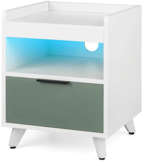 Modern Nightstand with LED Lights Sliding Drawer and Open Compartment