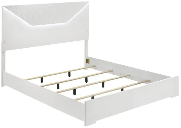 Ivon Queen Bed, 3D Embossed LED Headboard, Glossy White Solid Wood - Benzara