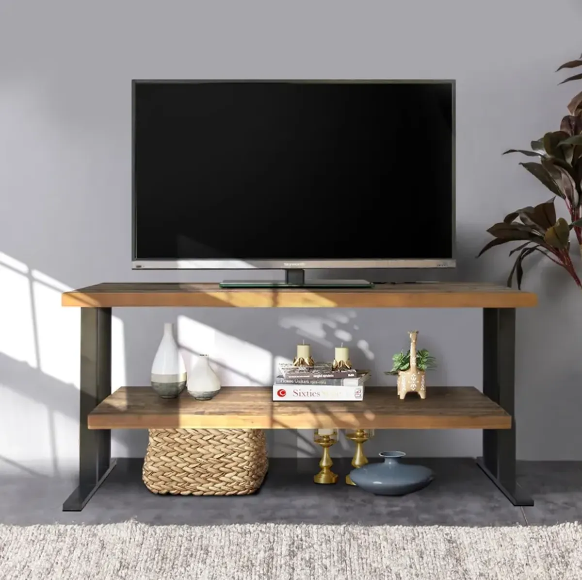 Media Console Table With One Shelf To Your Home Decor, Natural Reclaimed Wood And Black Finish