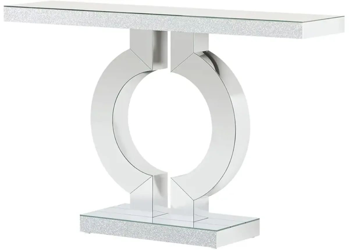 Console Table, 43 Inch Mirrored Silver, Rectangular Top, O Shaped Base - Benzara