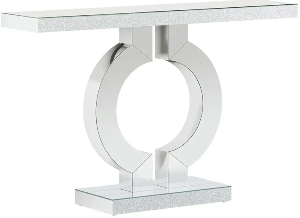 Console Table, 43 Inch Mirrored Silver, Rectangular Top, O Shaped Base - Benzara