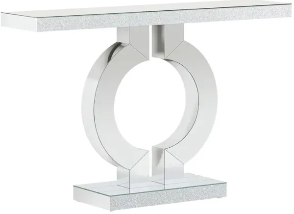 Console Table, 43 Inch Mirrored Silver, Rectangular Top, O Shaped Base