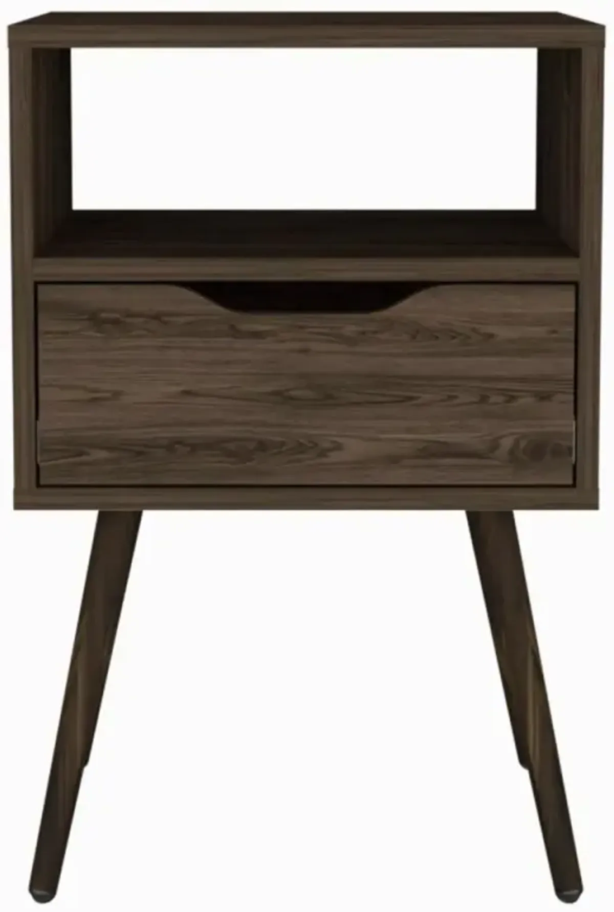 Otom Nightstand, Superior Top, One Open Shelf, One Drawer, Four Legs - Dark Walnut