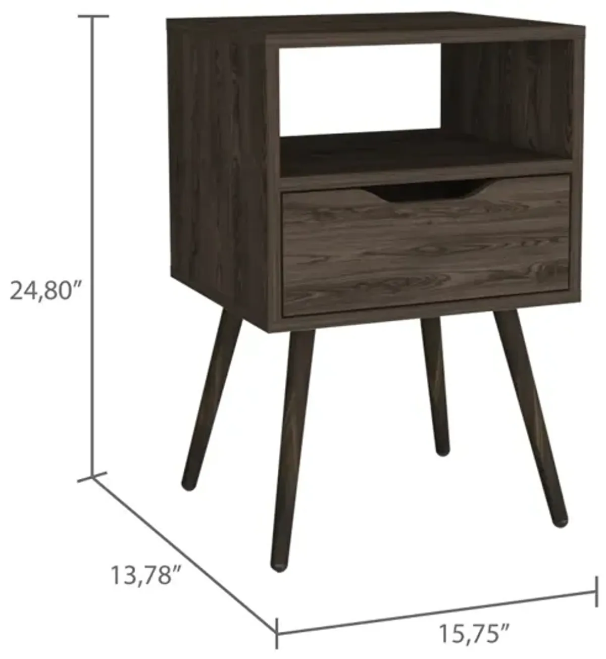 Otom Nightstand, Superior Top, One Open Shelf, One Drawer, Four Legs - Dark Walnut