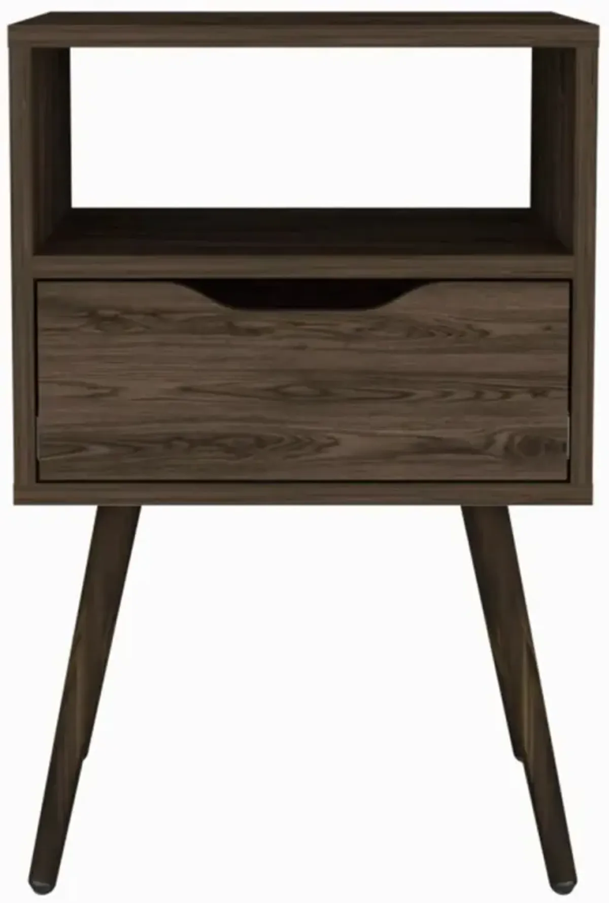 Otom Nightstand, Superior Top, One Open Shelf, One Drawer, Four Legs - Dark Walnut