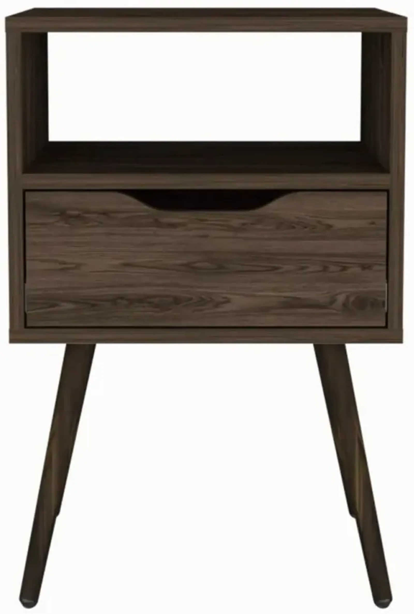 Otom Nightstand, Superior Top, One Open Shelf, One Drawer, Four Legs - Dark Walnut