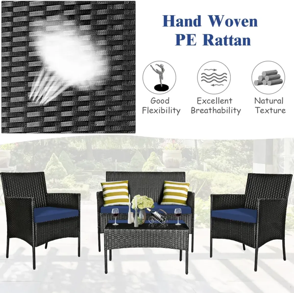 4 Pieces Patio Rattan Cushioned Sofa Set with Tempered Glass Coffee Table-Navy & Off White