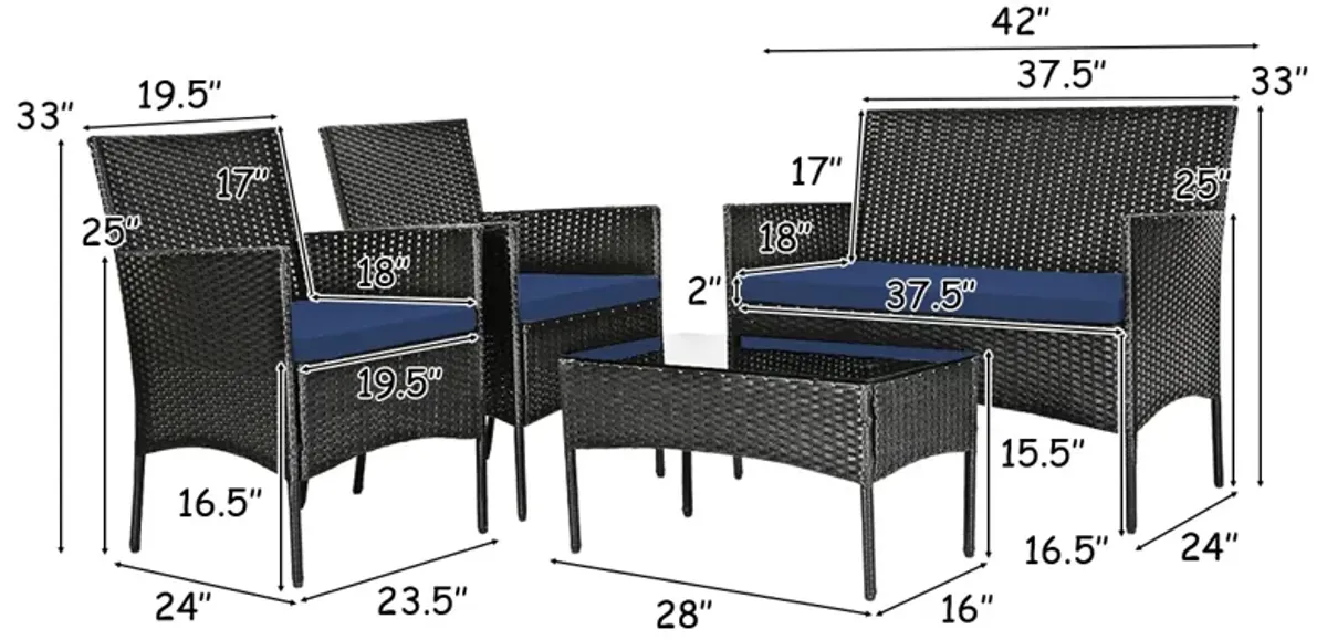 4 Pieces Patio Rattan Cushioned Sofa Set with Tempered Glass Coffee Table-Navy & Off White