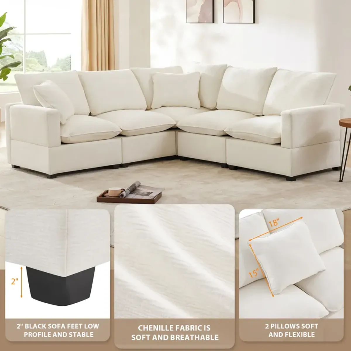 Merax Modern U Shape Modular Sofa with 2 Pillows