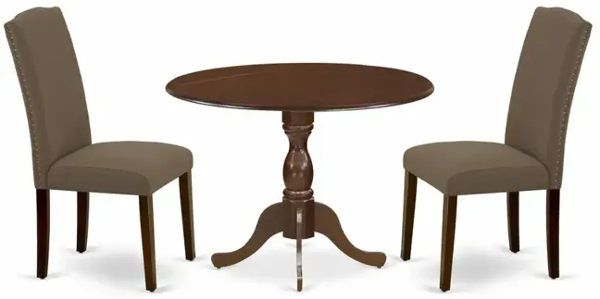 East West Furniture DMEN3-MAH-18 3 Piece Dining Room Set Includes 1 Drop Leaves Dining Table and 2 Dark Coffee Linen Fabric Upholstered Chair High Back with Nail Heads - Mahogany Finish