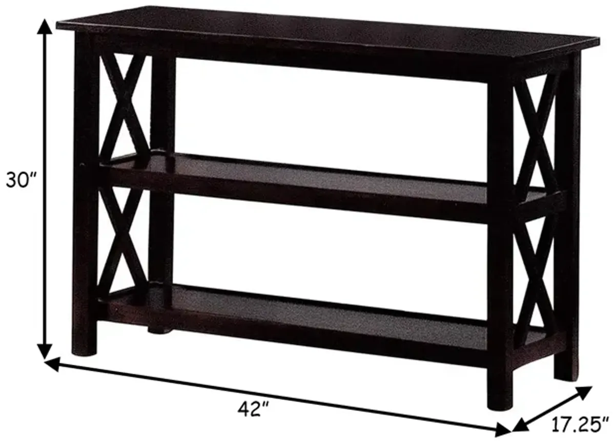 Transitional Wooden Sofa Table With "X" Side Design & Two Shelves, Dark Brown-Benzara