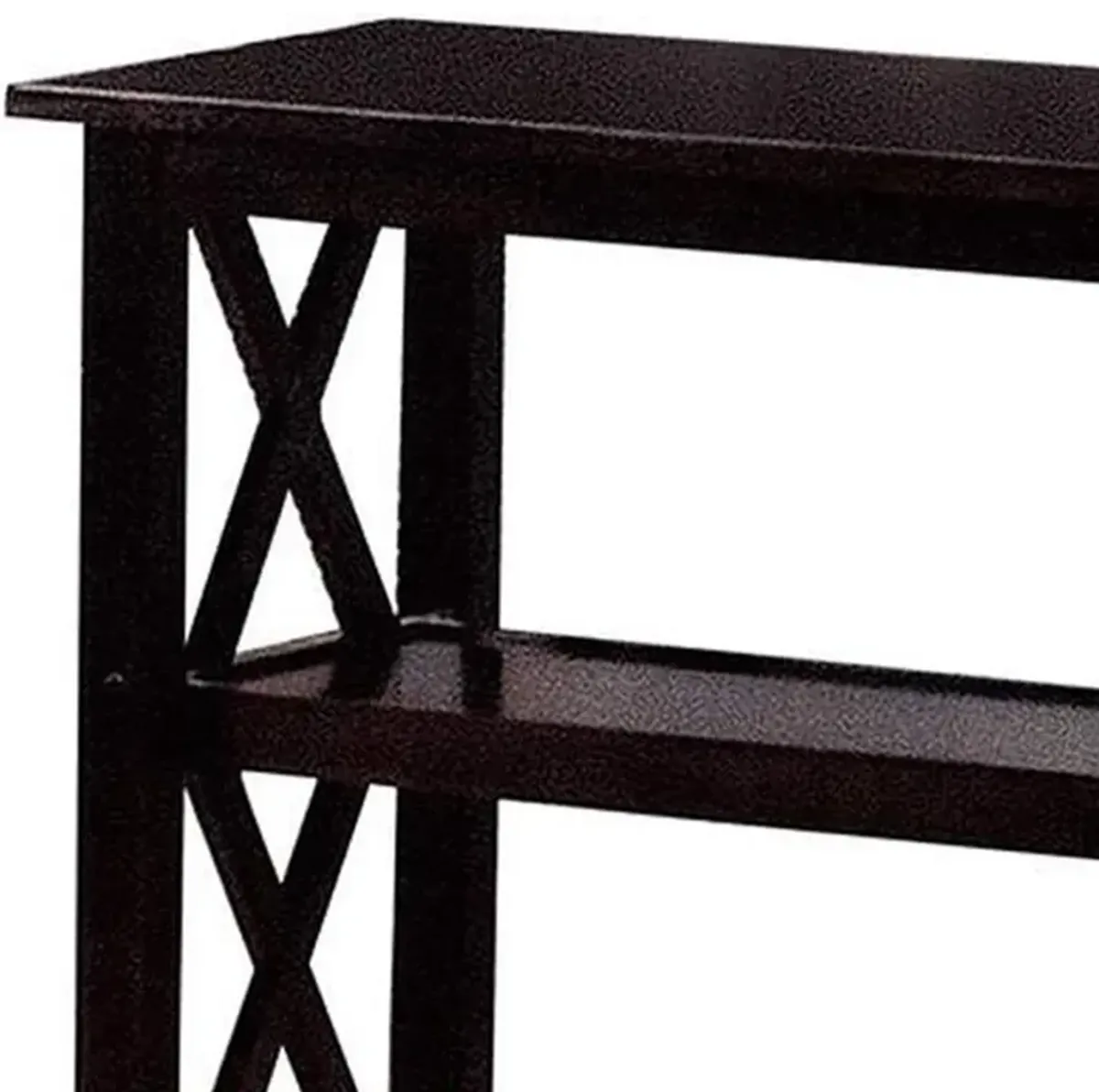 Transitional Wooden Sofa Table With "X" Side Design & Two Shelves, Dark Brown-Benzara