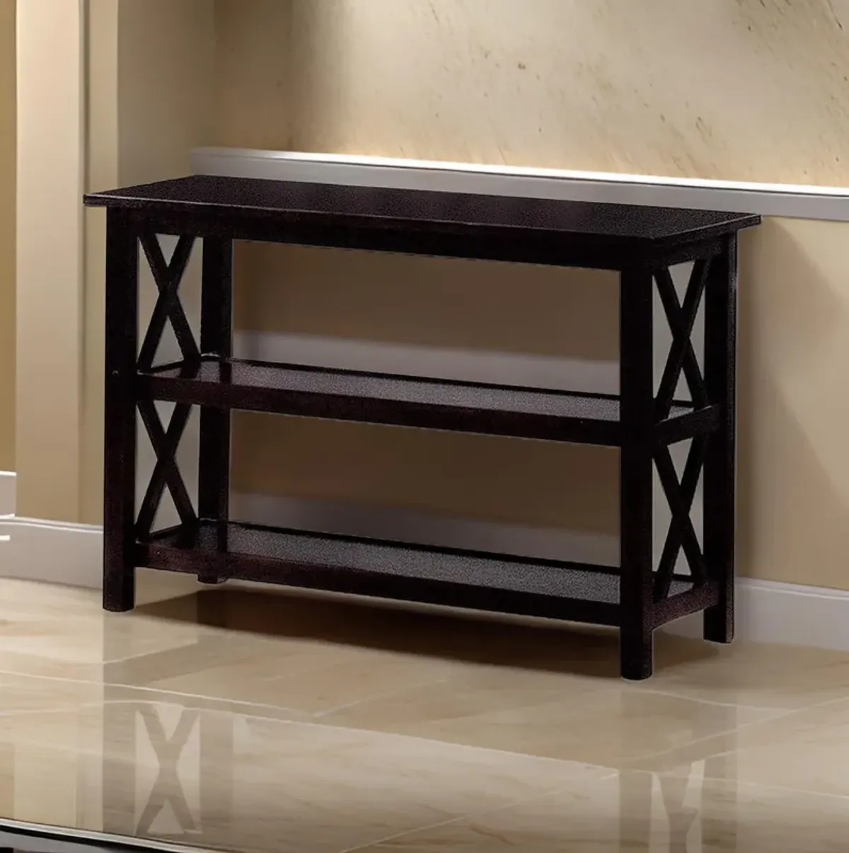 Transitional Wooden Sofa Table With "X" Side Design & Two Shelves, Dark Brown-Benzara