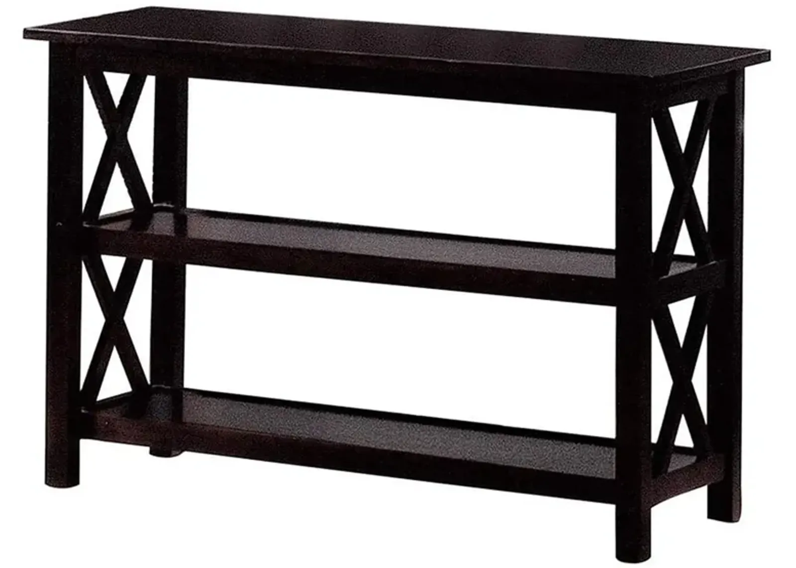 Transitional Wooden Sofa Table With "X" Side Design & Two Shelves, Dark Brown-Benzara