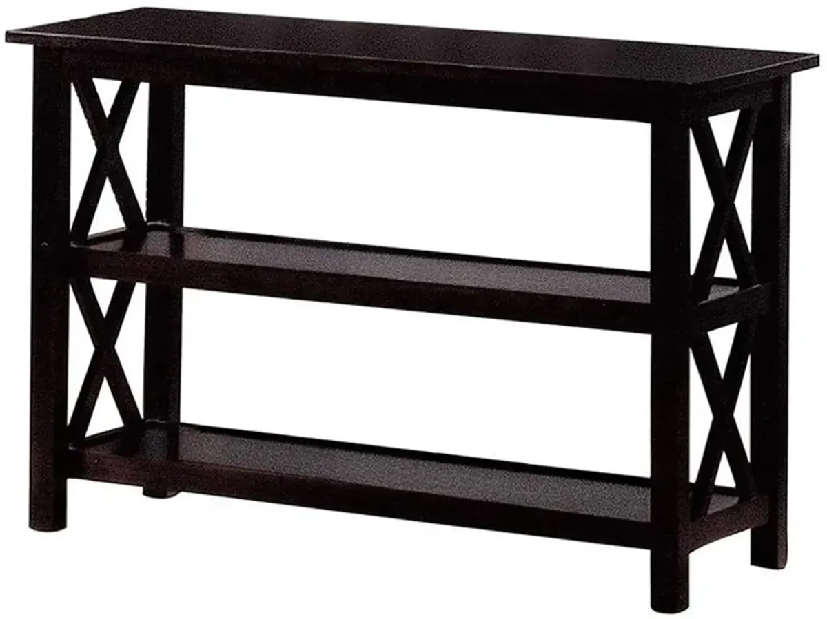 Transitional Wooden Sofa Table With "X" Side Design & Two Shelves, Dark Brown-Benzara