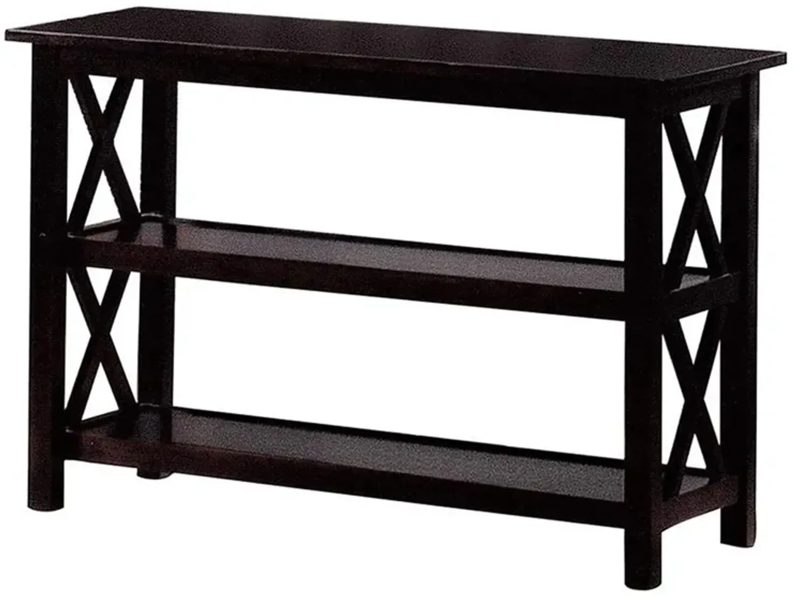 Transitional Wooden Sofa Table With "X" Side Design & Two Shelves, Dark Brown-Benzara