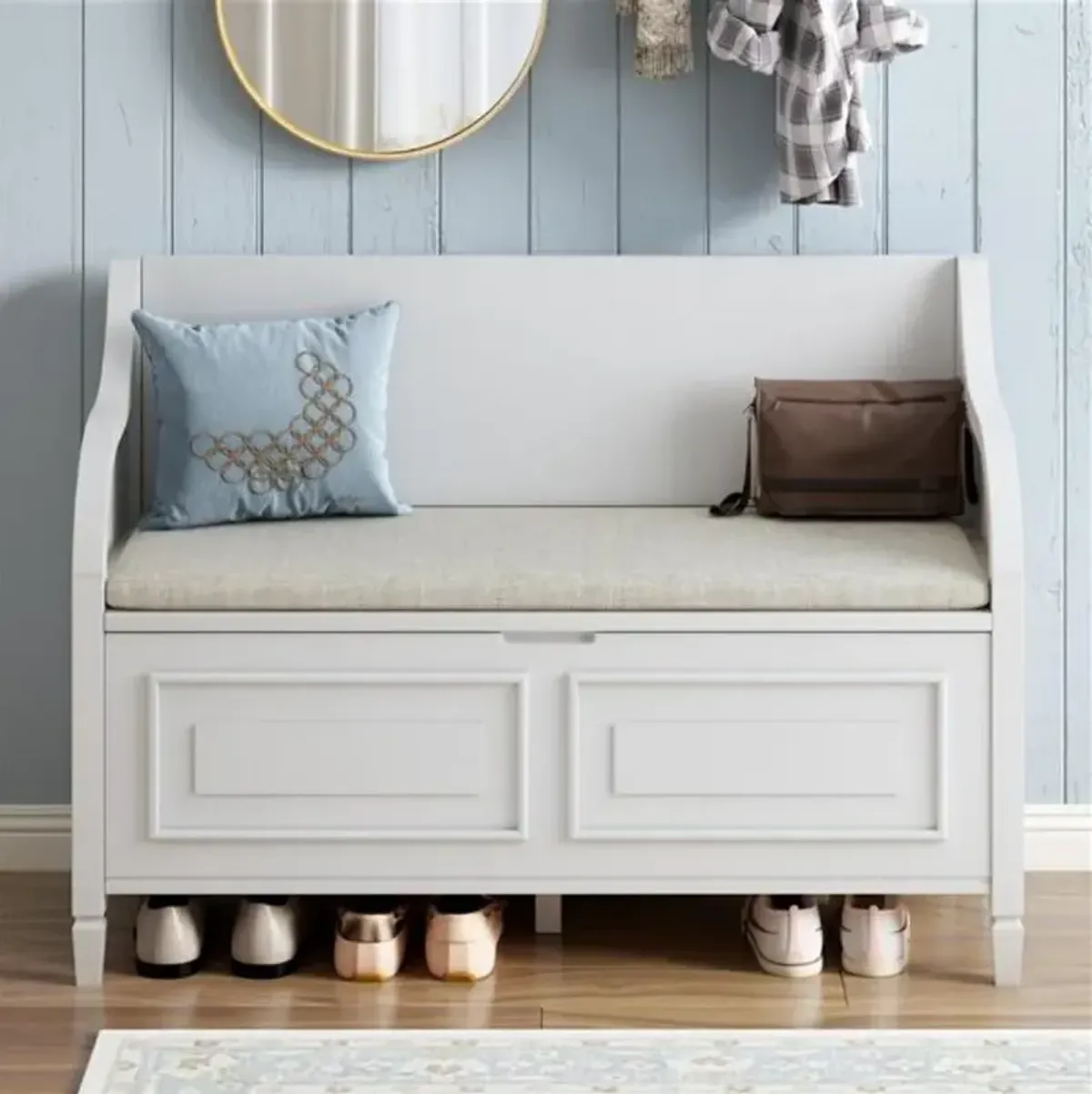 Solid Wood Storage Bench with Hinged Lid for Entryway or Bedroom