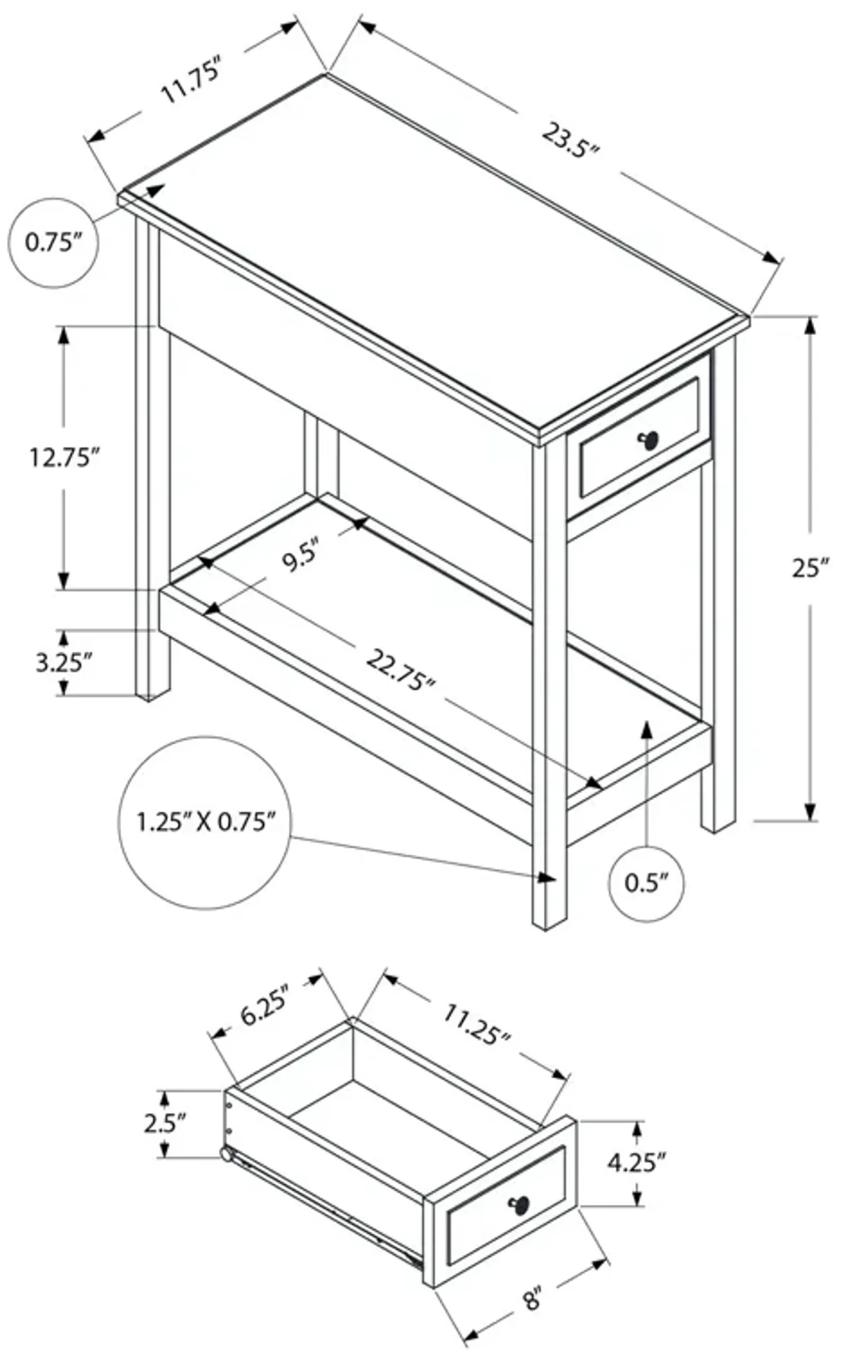 Monarch Specialties I 3990 - Accent Table, 2 Tier, End, Side Table, Narrow, Nightstand, Bedroom, Storage Drawer, Lamp, Brown Veneer, Transitional