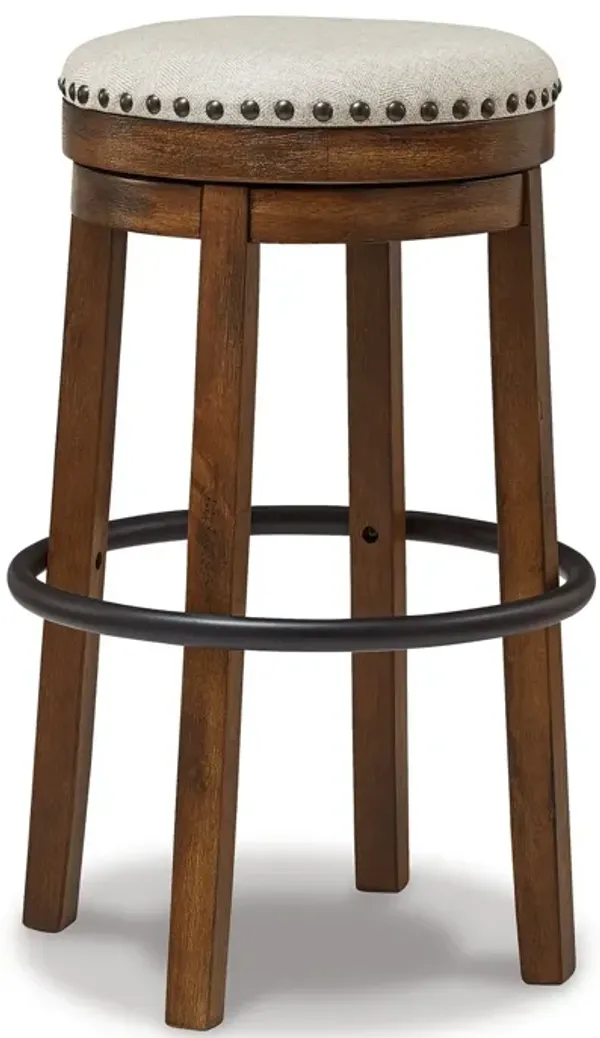 Zane 30 Inch Backless Swivel Barstool, Round Beige Seat, Brown Wood Frame-Benzara