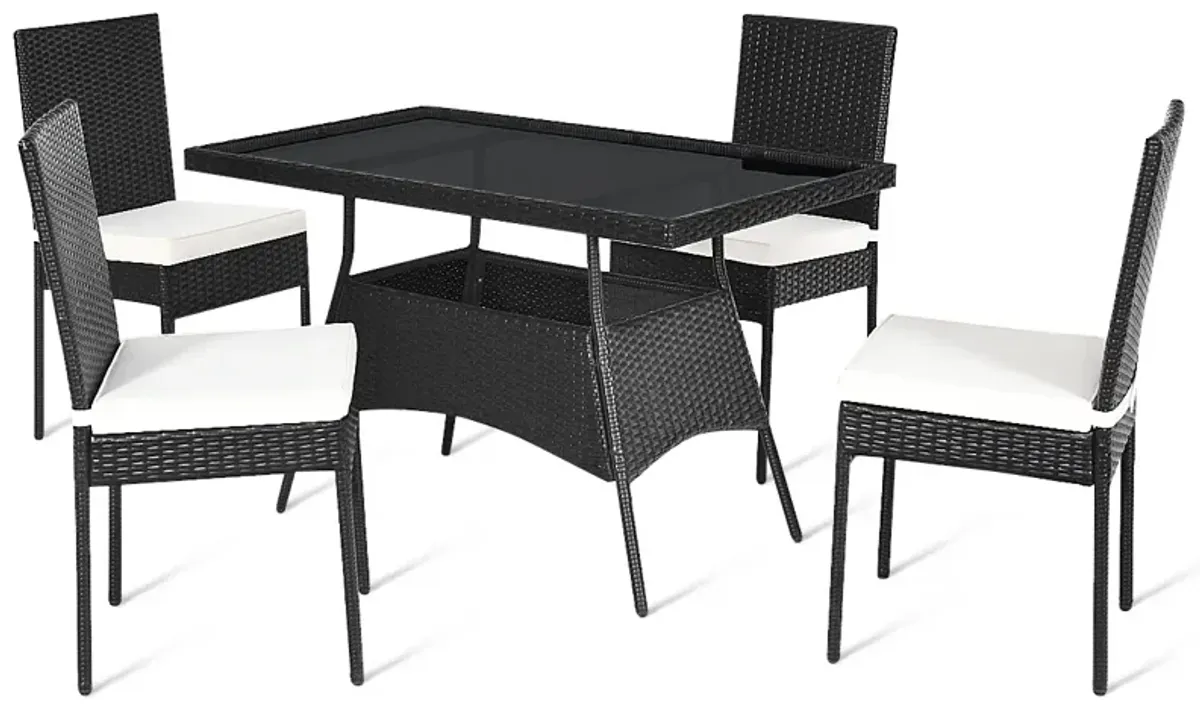 5 Pieces Rattan Dining Set with Glass Table and High Back Chair