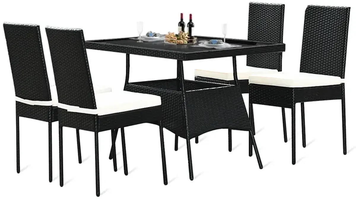 5 Pieces Rattan Dining Set with Glass Table and High Back Chair