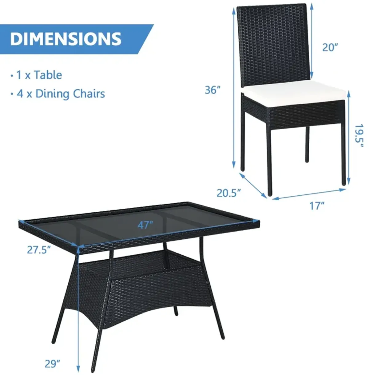 5 Pieces Rattan Dining Set with Glass Table and High Back Chair