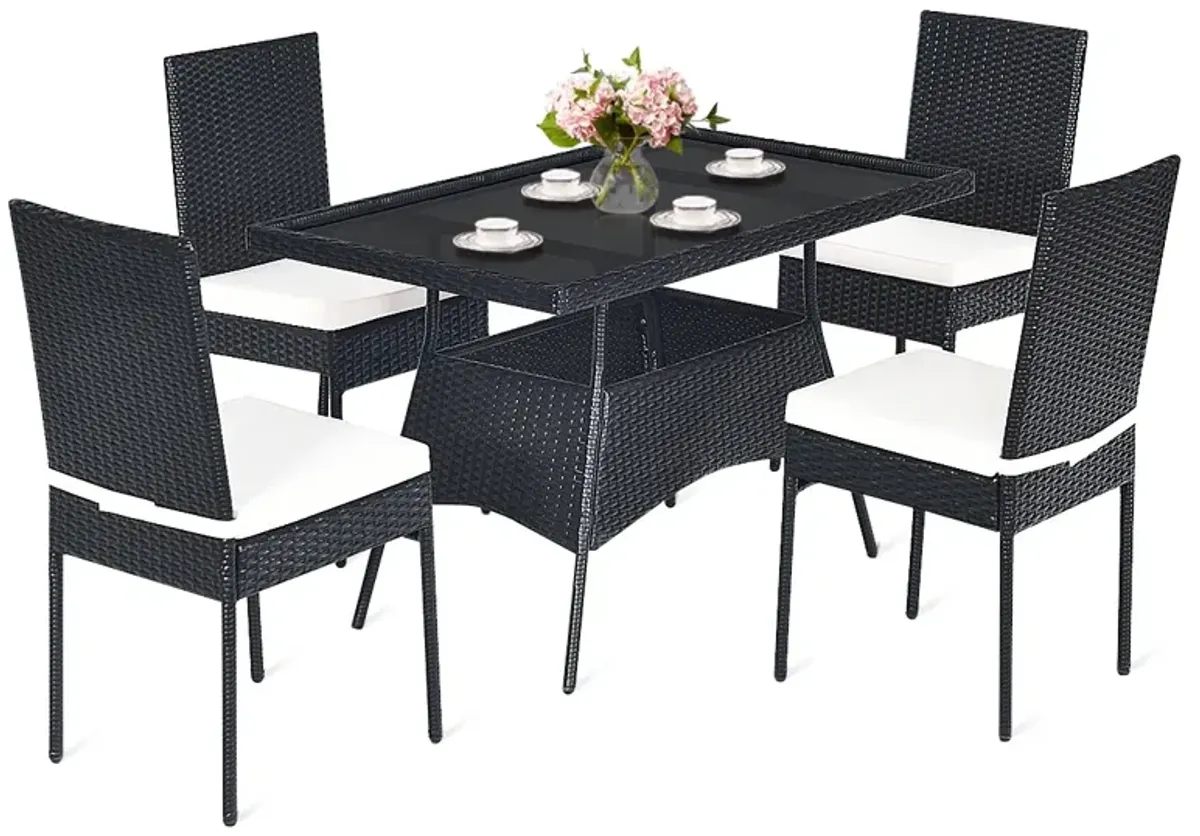 5 Pieces Rattan Dining Set with Glass Table and High Back Chair