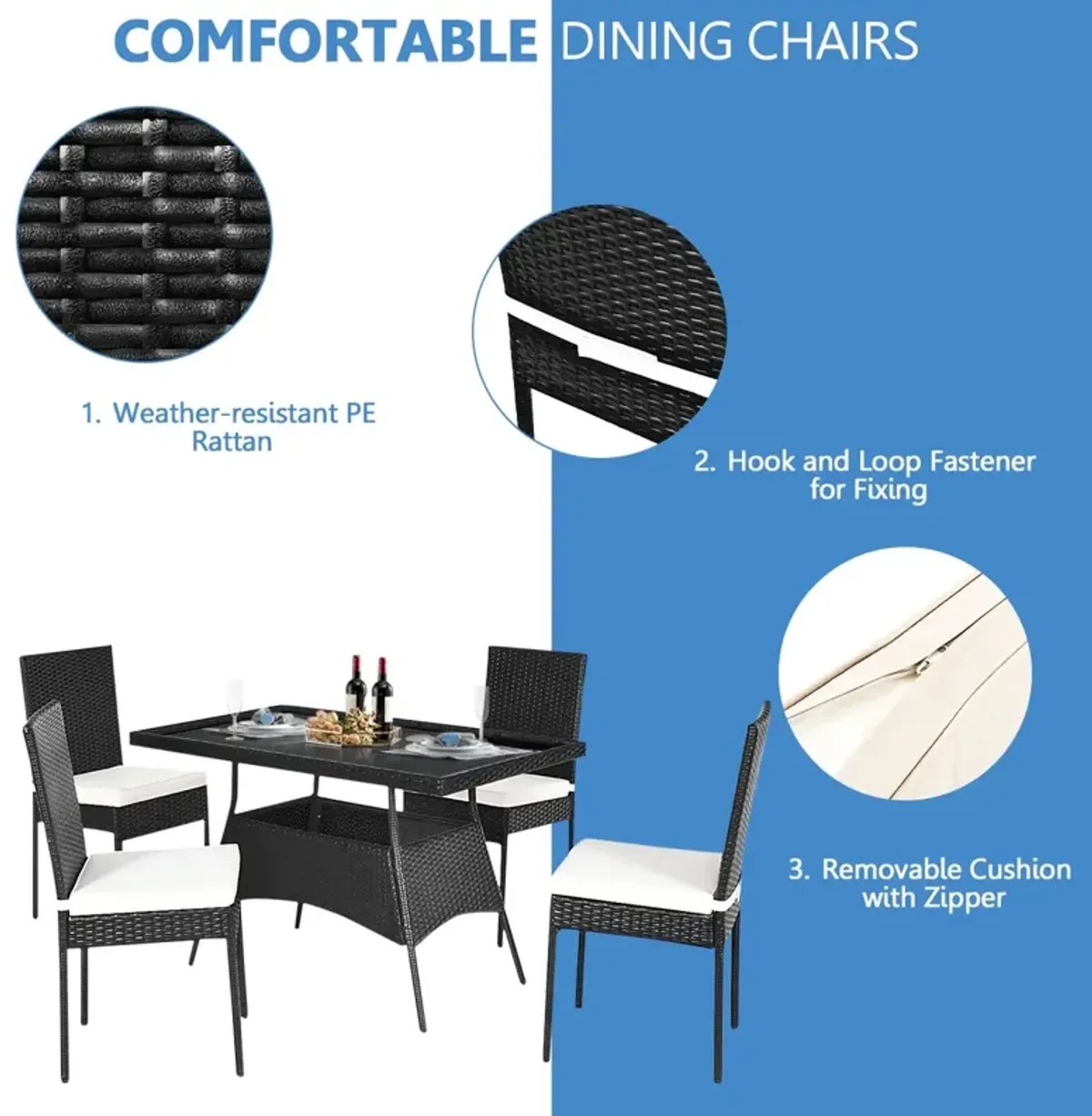 5 Pieces Rattan Dining Set with Glass Table and High Back Chair