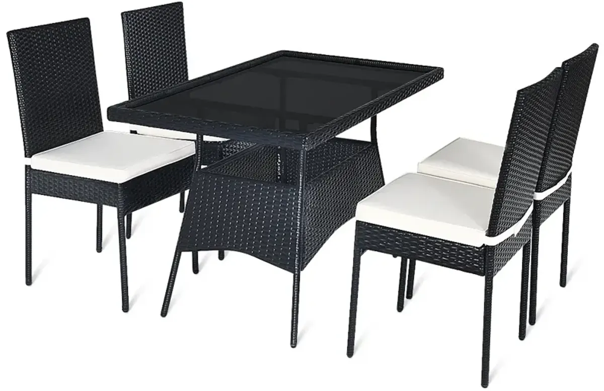 5 Pieces Rattan Dining Set with Glass Table and High Back Chair