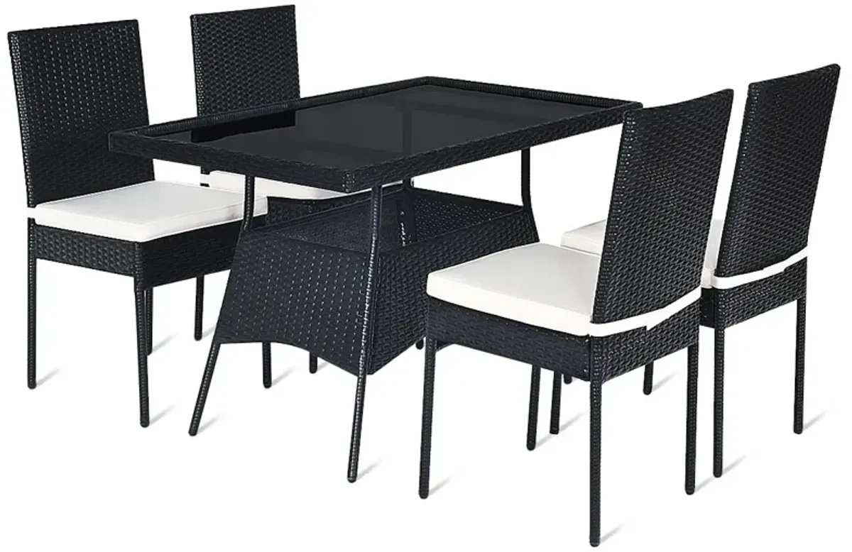 5 Pieces Rattan Dining Set with Glass Table and High Back Chair