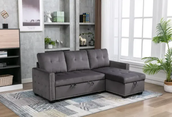 Streamdale L-Shaped Velvet Sectional Sleeper Sofa, Dark Grey