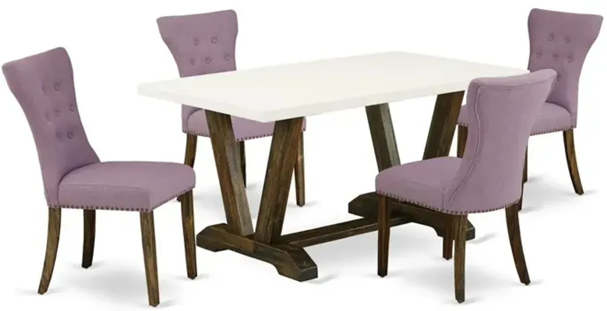 East West Furniture V726GA740-5 5-Piece Dinette Set- 4 Upholstered Dining Chairs with Dahlia Linen Fabric Seat and Button Tufted Chair Back - Rectangular Table Top & Wooden Legs - Linen White and Dist