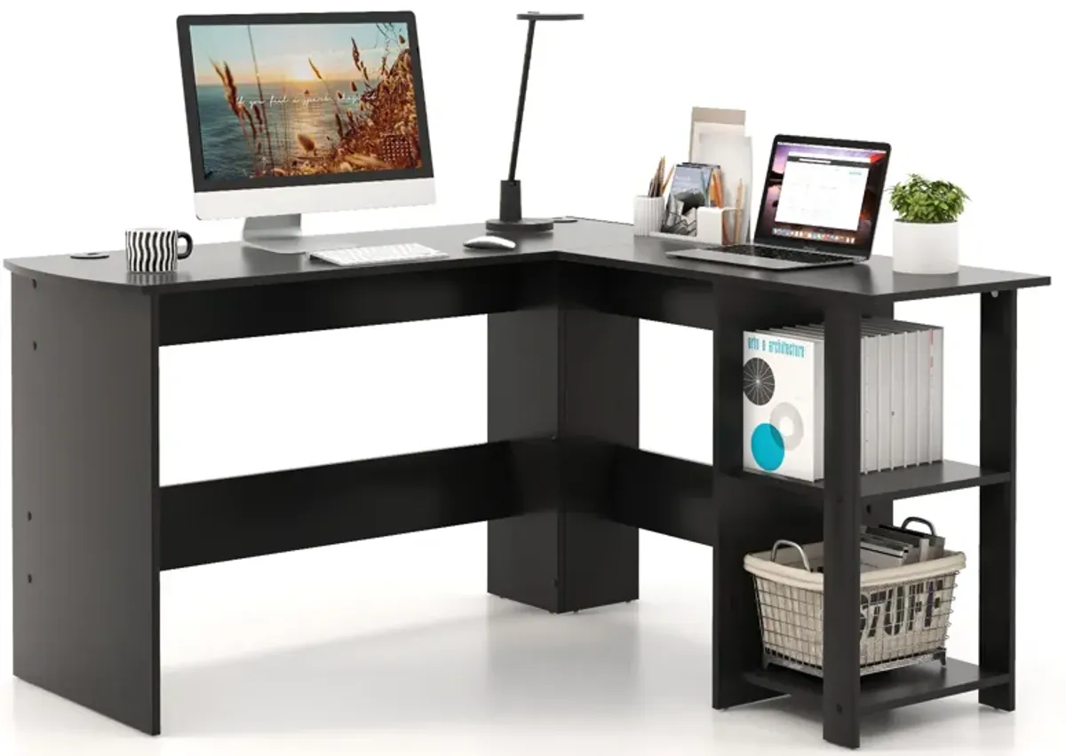 Modern L-Shaped Computer Desk with Shelves-Black