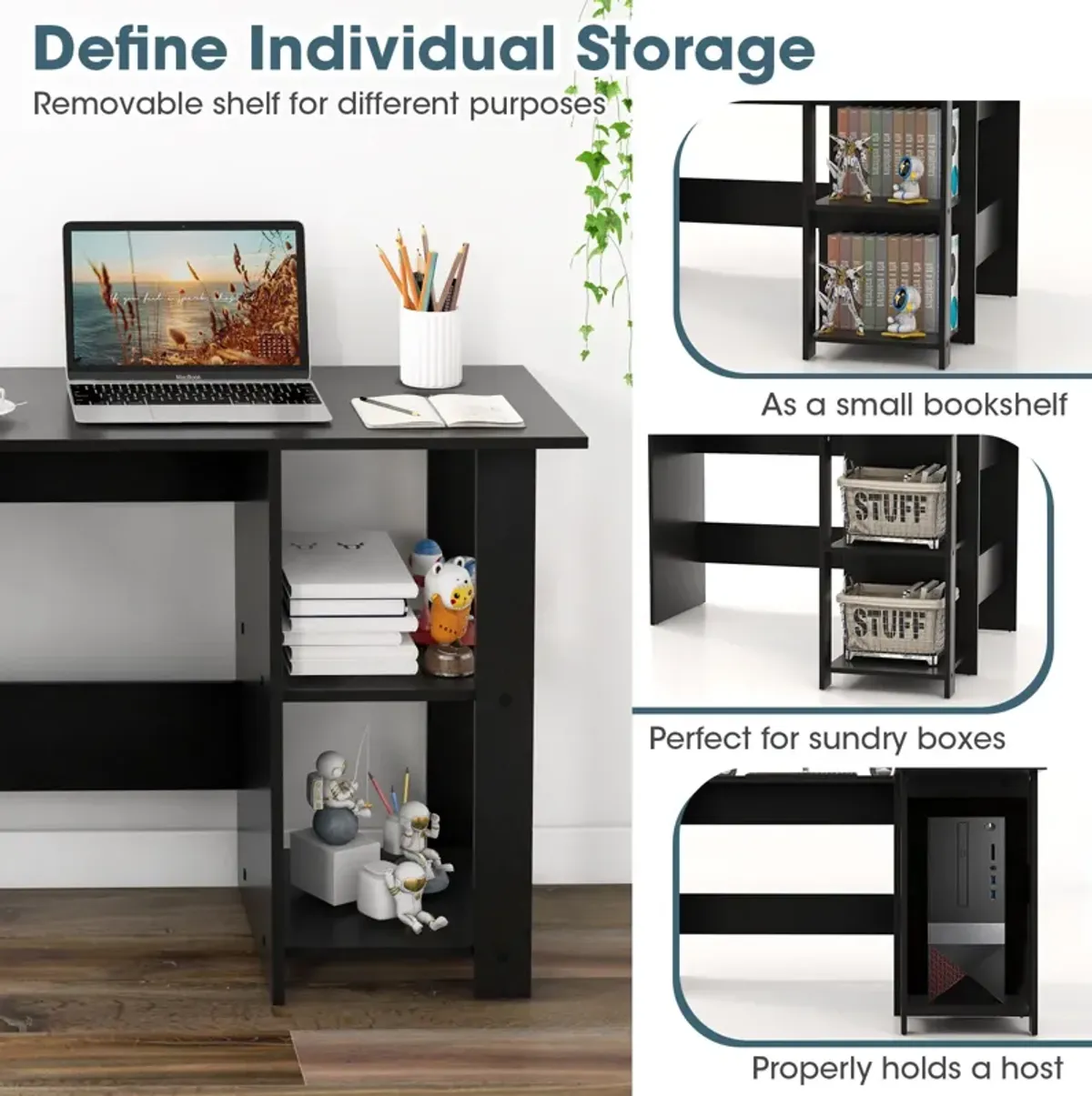 Modern L-Shaped Computer Desk with Shelves-Black