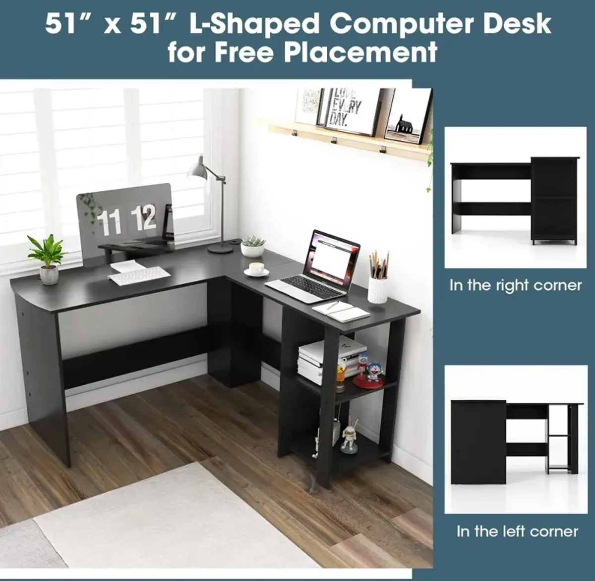 Modern L-Shaped Computer Desk with Shelves-Black