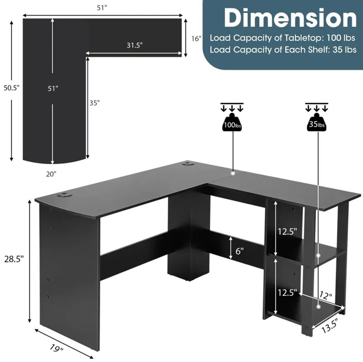 Modern L-Shaped Computer Desk with Shelves-Black